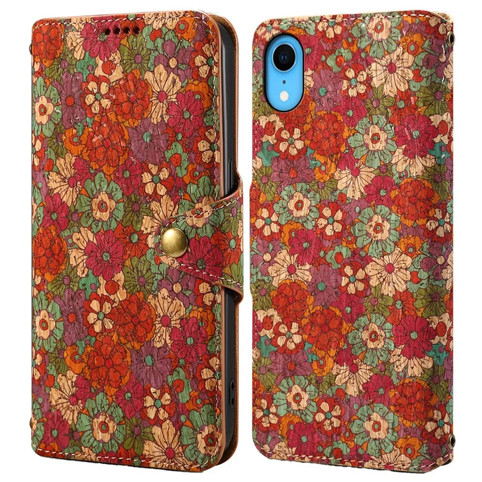 For iPhone XR Leather Case Flower Pattern Printing Phone Cover Wallet Folding Stand - Summer / Red - 1