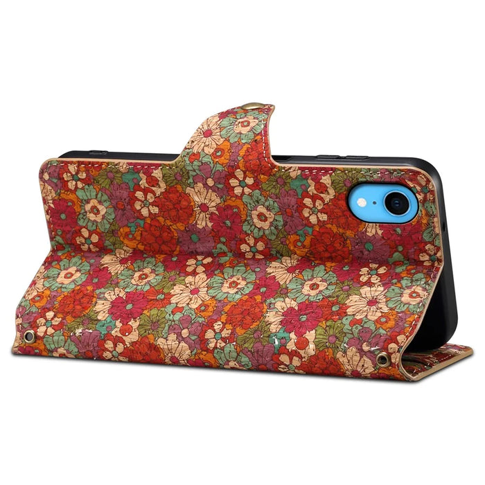 For iPhone XR Leather Case Flower Pattern Printing Phone Cover Wallet Folding Stand - Summer / Red - 3