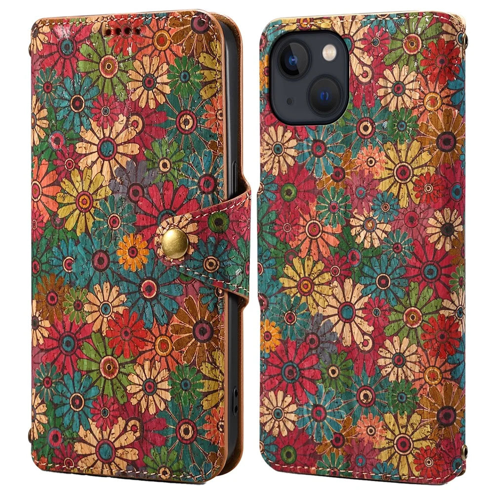 For iPhone 14 Phone Case Wallet Stand Four Season Flower Flip Leather Cover - Spring / Green - 1