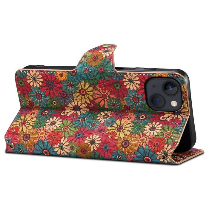 For iPhone 14 Phone Case Wallet Stand Four Season Flower Flip Leather Cover - Spring / Green - 3