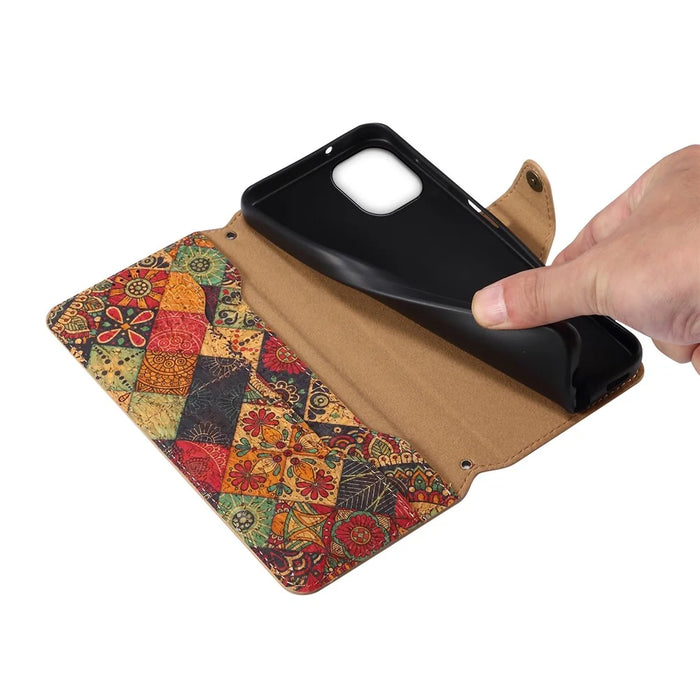 For iPhone 14 Phone Case Wallet Stand Four Season Flower Flip Leather Cover - Spring / Green - 4