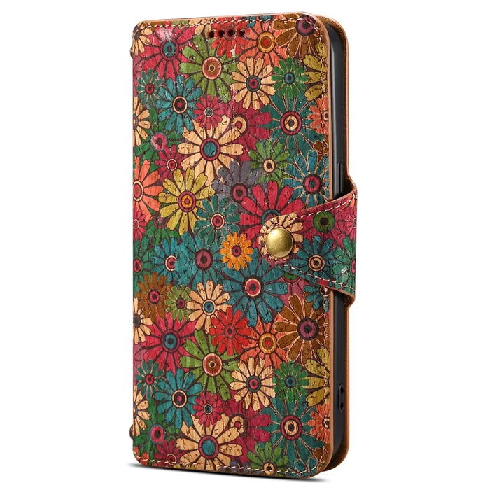 For iPhone 14 Phone Case Wallet Stand Four Season Flower Flip Leather Cover - Spring / Green - 5