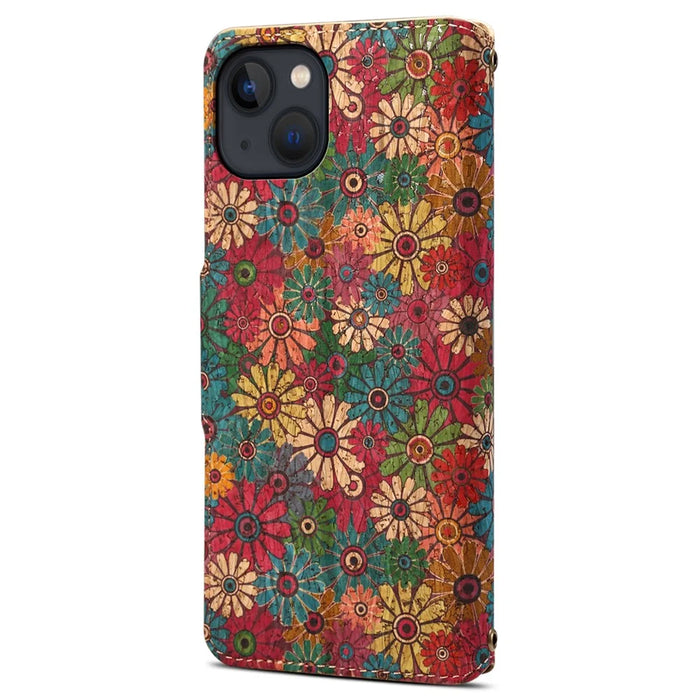 For iPhone 14 Phone Case Wallet Stand Four Season Flower Flip Leather Cover - Spring / Green - 6