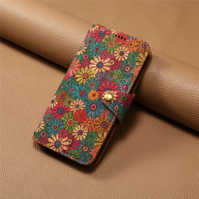 For iPhone 14 Phone Case Wallet Stand Four Season Flower Flip Leather Cover - Spring / Green - 7