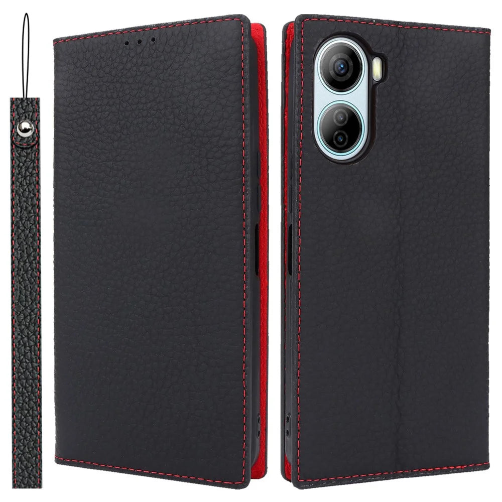 For ZTE Libero 5G IV Case Genuine Cow Leather Litchi Texture Flip Phone Cover - Black - 1