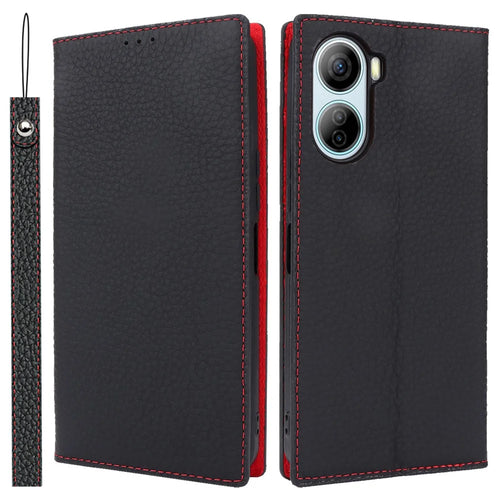 For ZTE Libero 5G IV Case Genuine Cow Leather Litchi Texture Flip Phone Cover - Black - 1