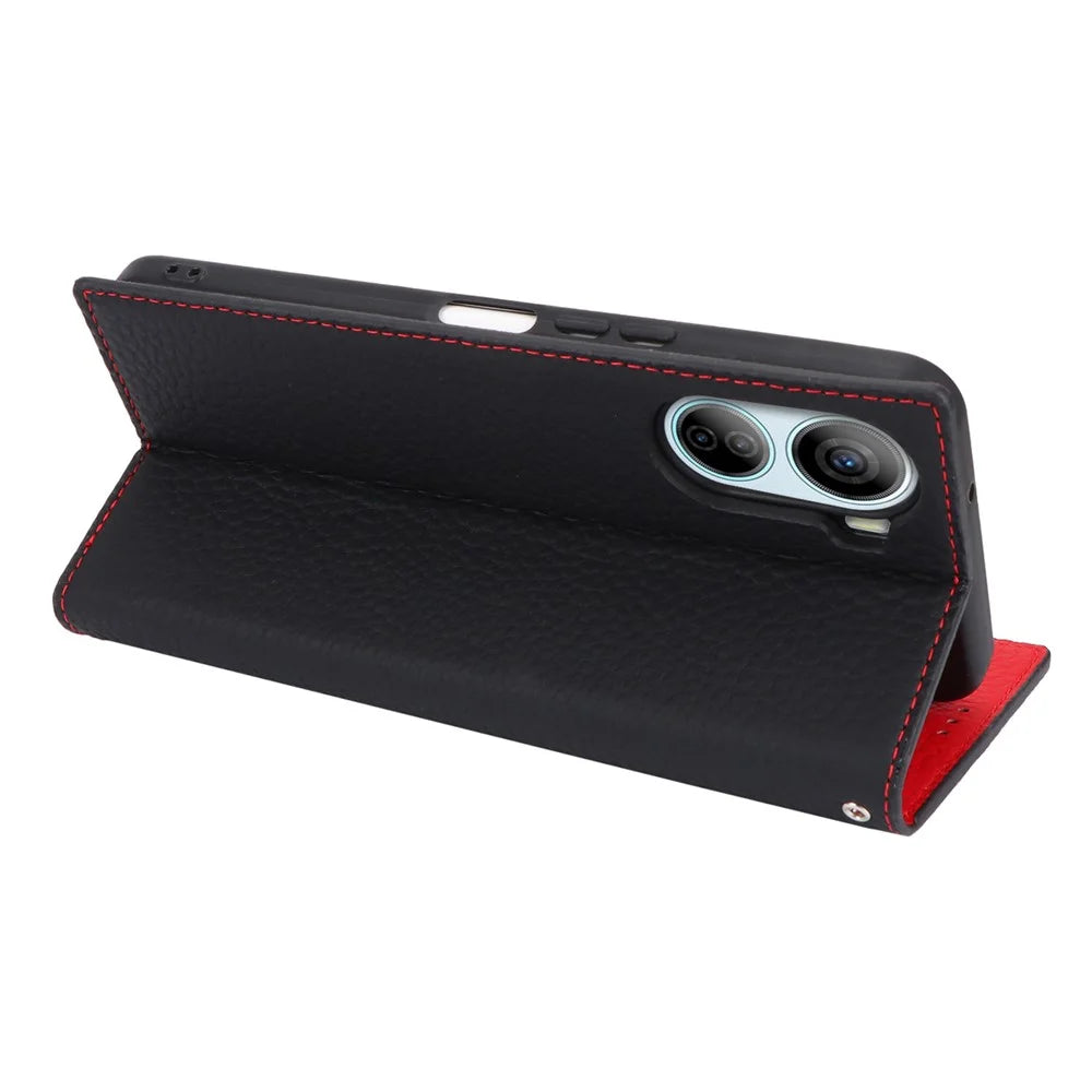 For ZTE Libero 5G IV Case Genuine Cow Leather Litchi Texture Flip Phone Cover - Black - 4