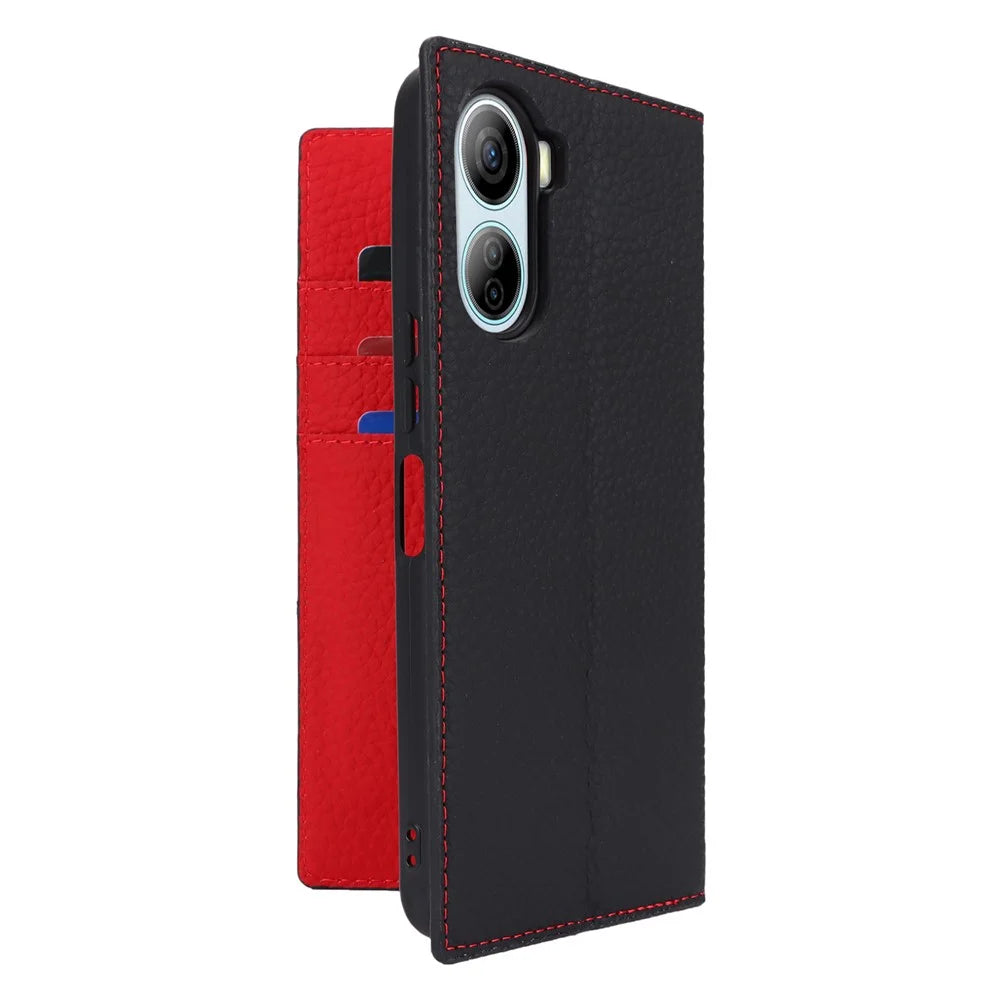 For ZTE Libero 5G IV Case Genuine Cow Leather Litchi Texture Flip Phone Cover - Black - 5