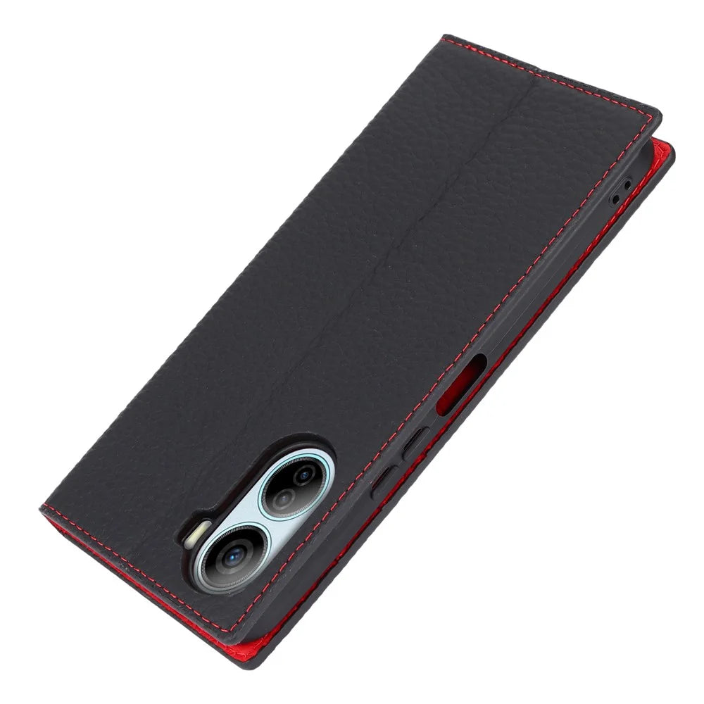 For ZTE Libero 5G IV Case Genuine Cow Leather Litchi Texture Flip Phone Cover - Black - 6