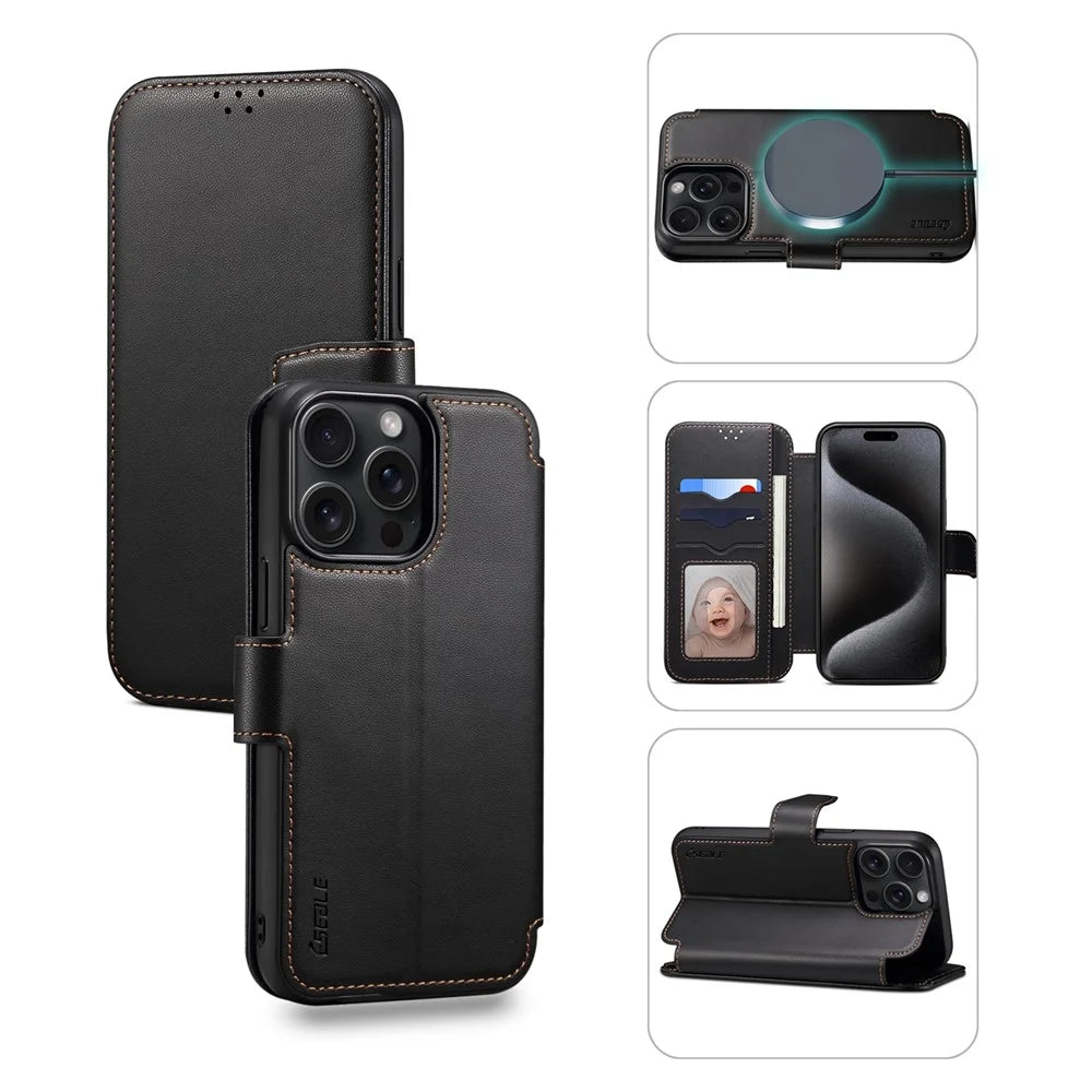 E1 For iPhone 15 Pro Max Case Leather Wallet Magnetic Smartphone Cover Compatible with MagSafe - Black - 1