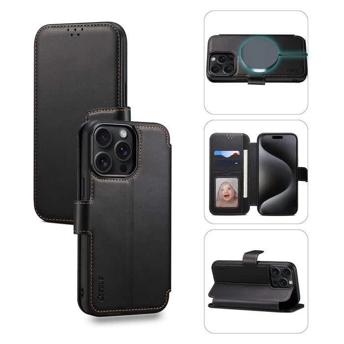 E1 For iPhone 15 Pro Max Case Leather Wallet Magnetic Smartphone Cover Compatible with MagSafe - Black - 1