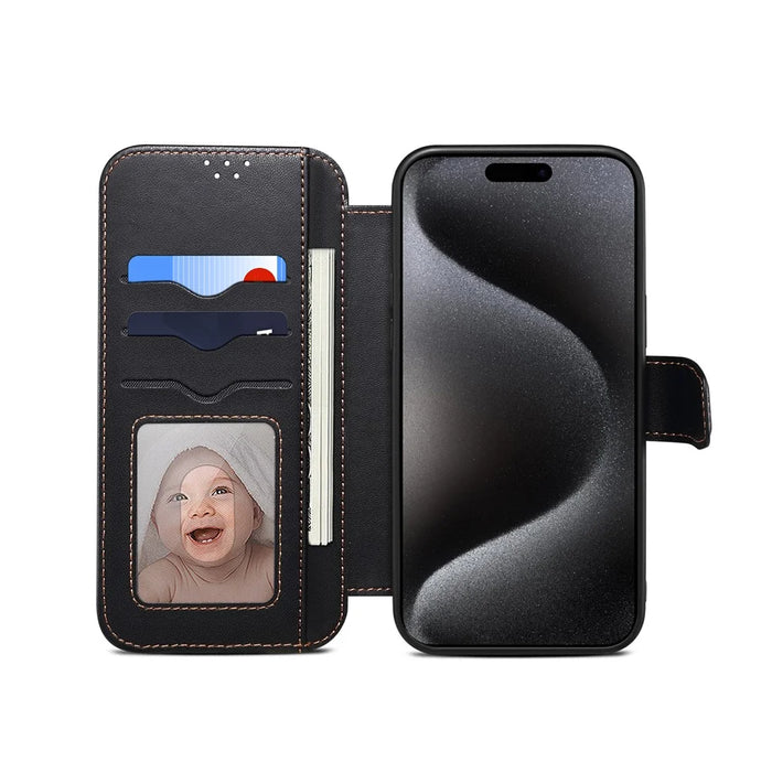 E1 For iPhone 15 Pro Max Case Leather Wallet Magnetic Smartphone Cover Compatible with MagSafe - Black - 2