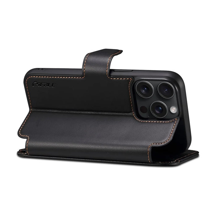 E1 For iPhone 15 Pro Max Case Leather Wallet Magnetic Smartphone Cover Compatible with MagSafe - Black - 3