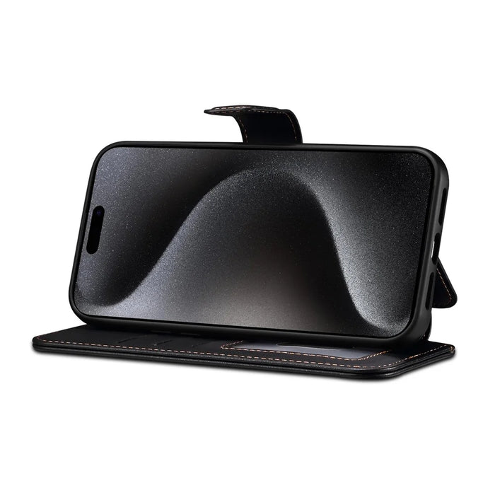 E1 For iPhone 15 Pro Max Case Leather Wallet Magnetic Smartphone Cover Compatible with MagSafe - Black - 4