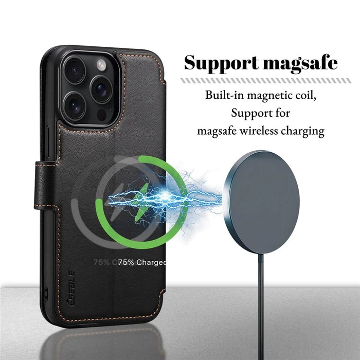 E1 For iPhone 15 Pro Max Case Leather Wallet Magnetic Smartphone Cover Compatible with MagSafe - Black - 6