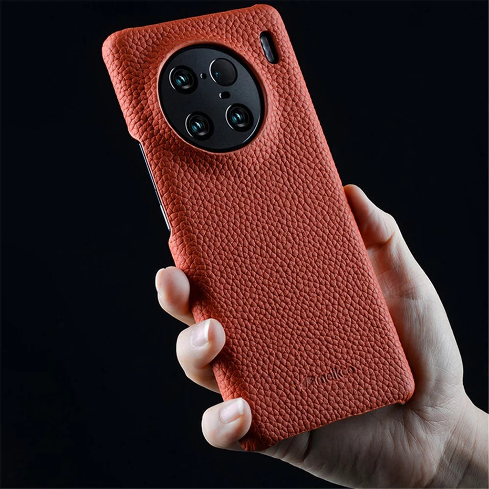 MELKCO Cellphone Case for vivo X90 5G Anti-shock Genuine Cow Leather Coated PC Cover - Orange - 5