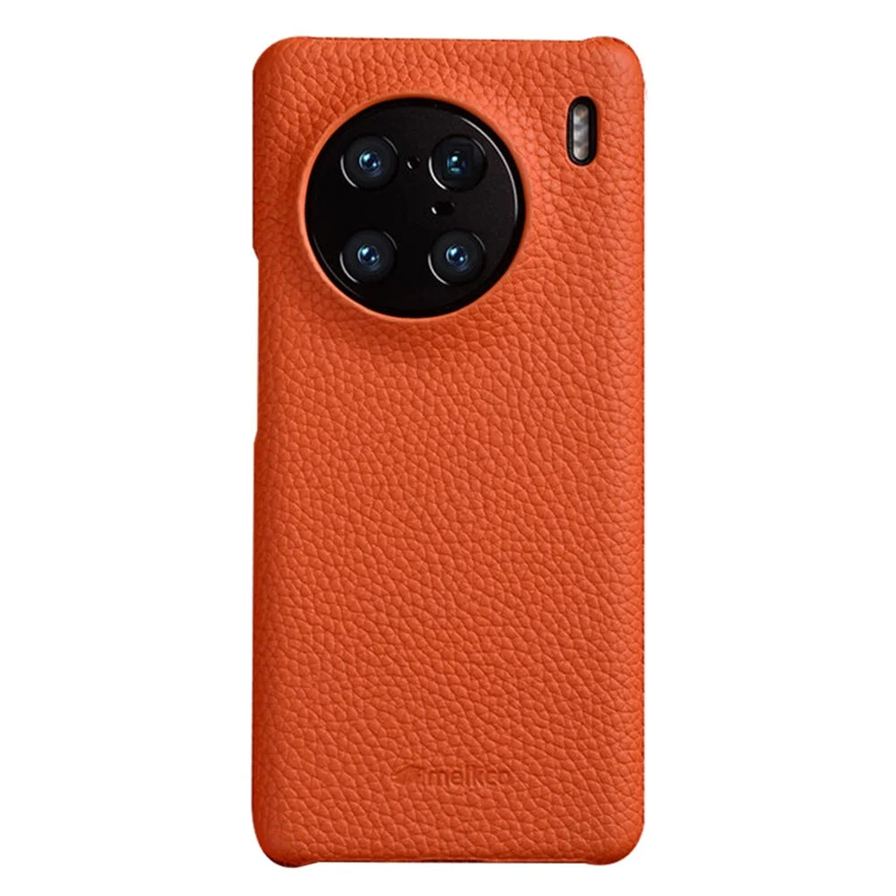 MELKCO For vivo X90 Pro 5G Incomplete Edge Shock-absorbing Phone Case Genuine Cow Leather Coated PC Cover - Orange - 1