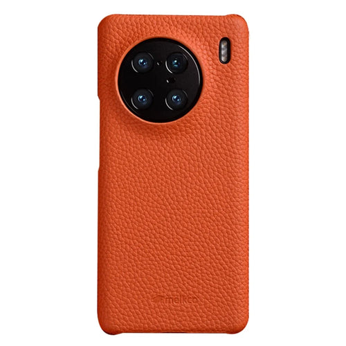 MELKCO For vivo X90 Pro 5G Incomplete Edge Shock-absorbing Phone Case Genuine Cow Leather Coated PC Cover - Orange - 1