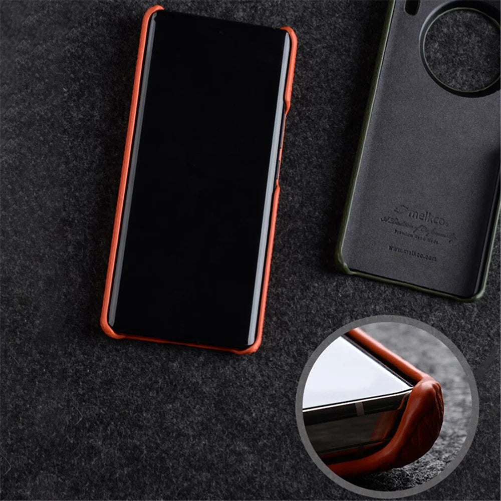 MELKCO For vivo X90 Pro 5G Incomplete Edge Shock-absorbing Phone Case Genuine Cow Leather Coated PC Cover - Orange - 2