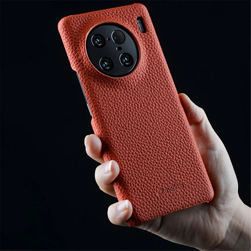 MELKCO For vivo X90 Pro 5G Incomplete Edge Shock-absorbing Phone Case Genuine Cow Leather Coated PC Cover - Orange - 5
