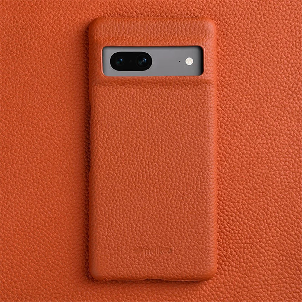 MELKCO Cellphone Case for Google Pixel 7 5G Genuine Cow Leather Coated PC Scratch Proof Cover - Orange - 2