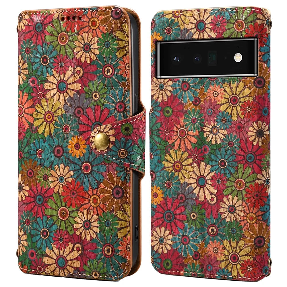 For Google Pixel 6 Pro 5G Leather Cover Floral Printing Drop-Proof Wallet Phone Case with Stand - Spring / Green - 1