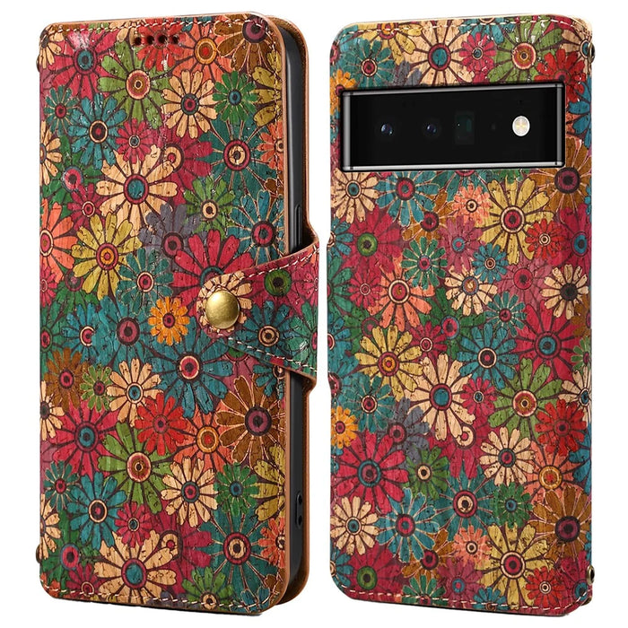For Google Pixel 6 Pro 5G Leather Cover Floral Printing Drop-Proof Wallet Phone Case with Stand - Spring / Green - 1