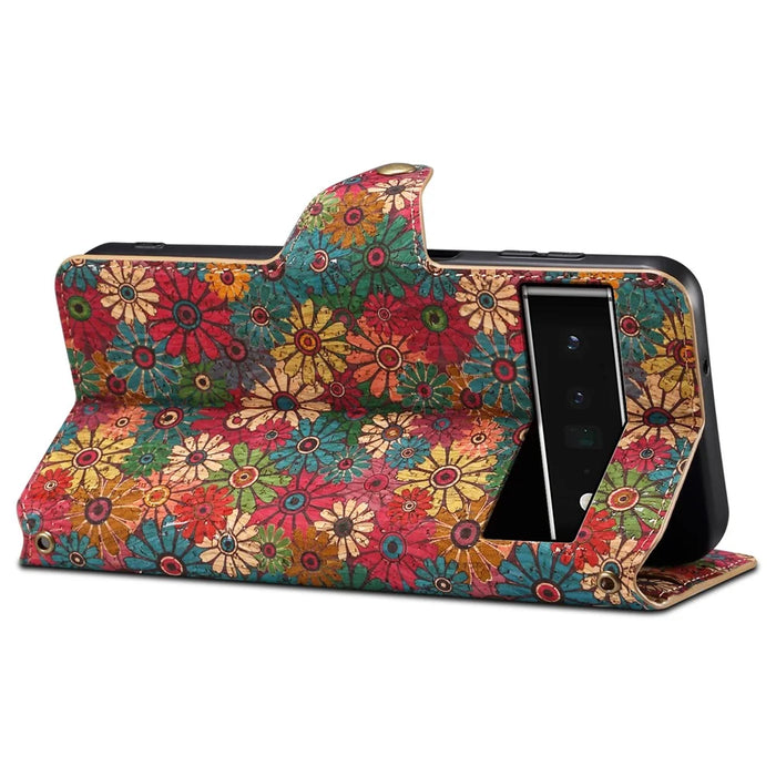 For Google Pixel 6 Pro 5G Leather Cover Floral Printing Drop-Proof Wallet Phone Case with Stand - Spring / Green - 3