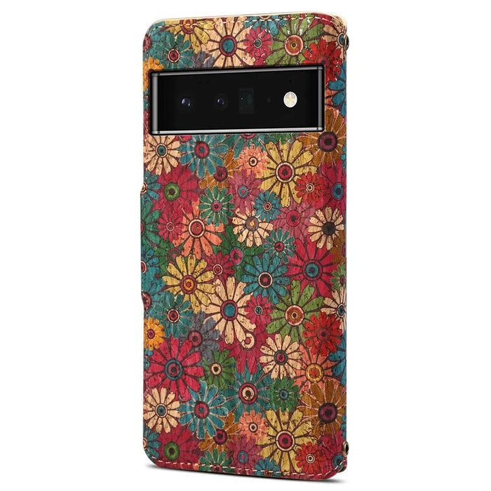 For Google Pixel 6 Pro 5G Leather Cover Floral Printing Drop-Proof Wallet Phone Case with Stand - Spring / Green - 6
