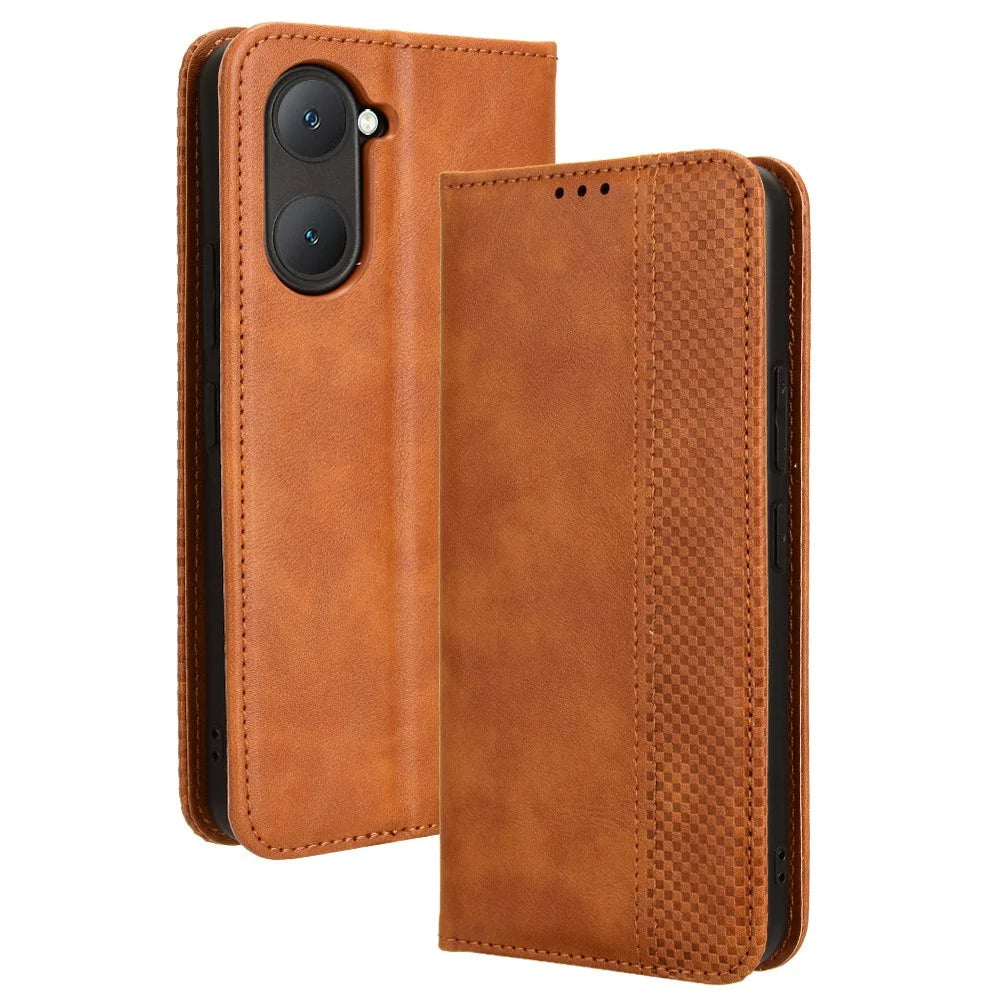 For vivo Y28s 5G / T3 Lite 5G / Y03 / Y18 4G / Y18e 4G Case Wallet Magnetic Closure Leather Retro Phone Cover - Brown - 1