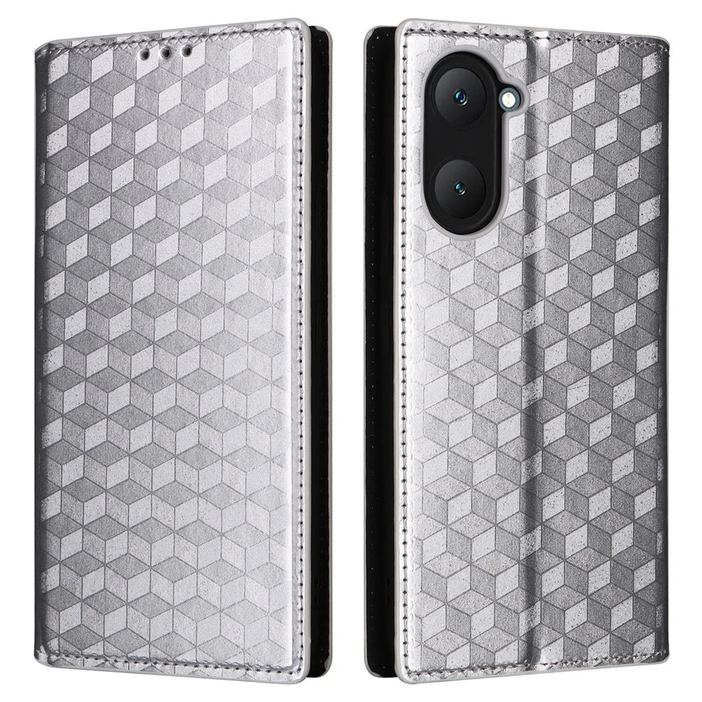 For vivo Y28s 5G / T3 Lite 5G / Y03 / Y18 4G / Y18e 4G Protective Case Magnetic Closing Rhombus Imprinting Leather Phone Shell - Silver - 1