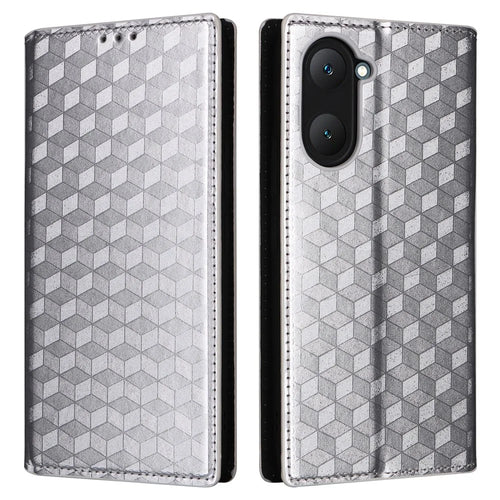 For vivo Y28s 5G / T3 Lite 5G / Y03 / Y18 4G / Y18e 4G Protective Case Magnetic Closing Rhombus Imprinting Leather Phone Shell - Silver - 1