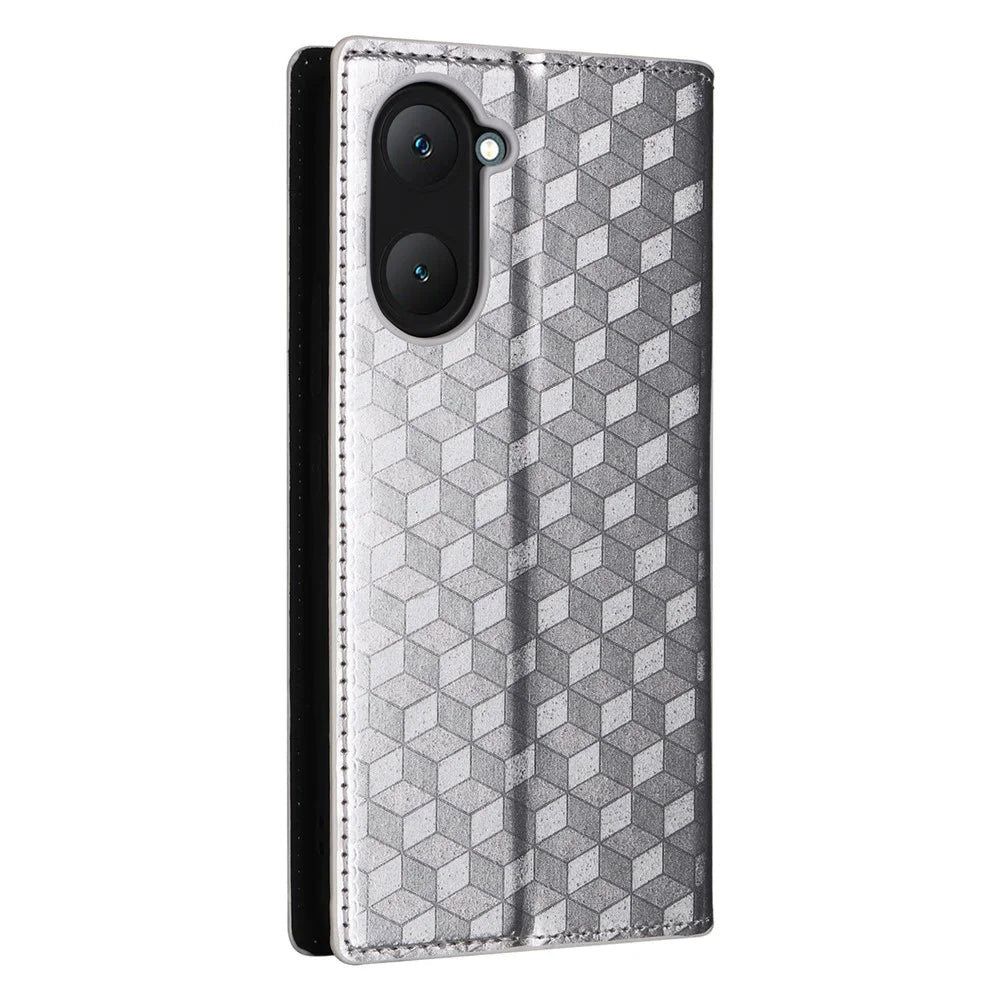 For vivo Y28s 5G / T3 Lite 5G / Y03 / Y18 4G / Y18e 4G Protective Case Magnetic Closing Rhombus Imprinting Leather Phone Shell - Silver - 6