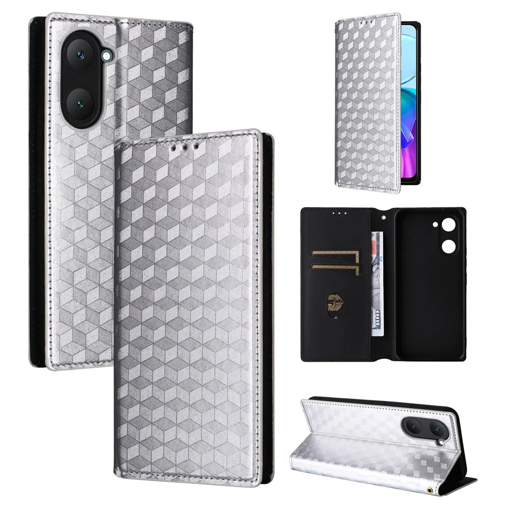 For vivo Y28s 5G / T3 Lite 5G / Y03 / Y18 4G / Y18e 4G Protective Case Magnetic Closing Rhombus Imprinting Leather Phone Shell - Silver - 7