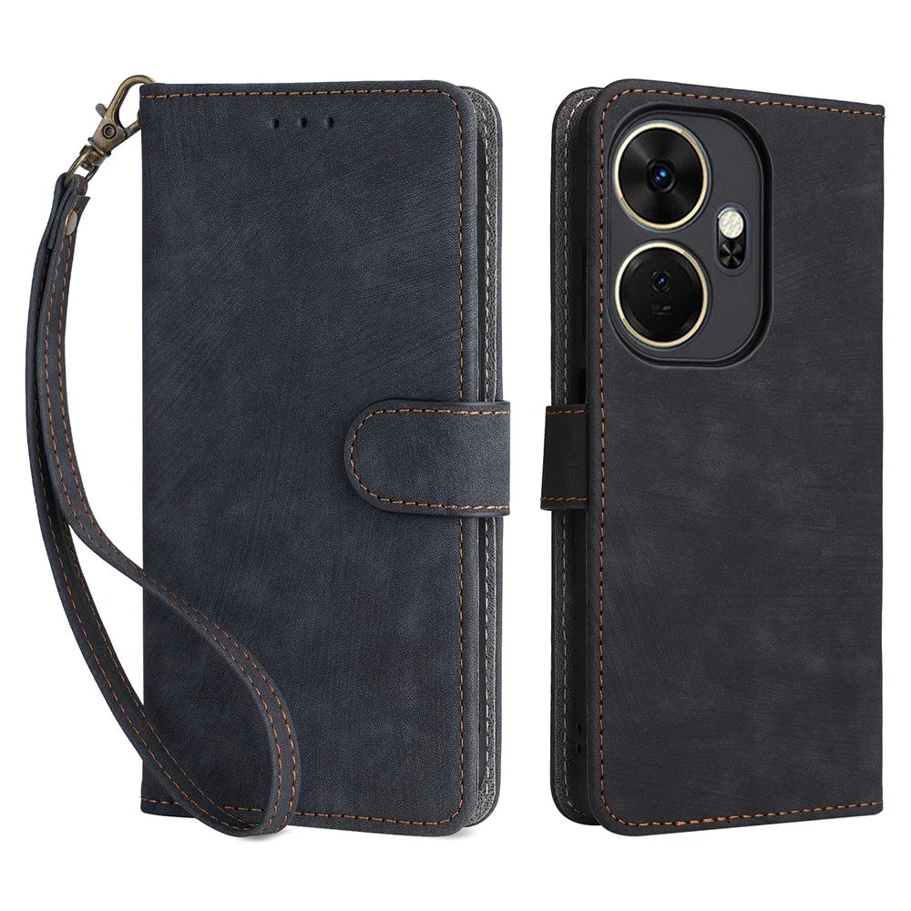 For itel P55+ P663LN Case RFID Blocking Leather Purse Phone Cover with Wrist Strap - Black - 1