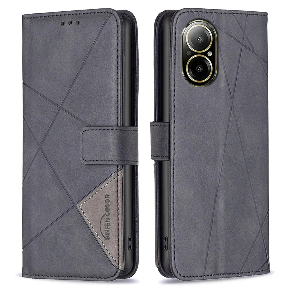 BINFEN COLOR For Realme C67 4G Phone Cases Wallet Stand Geometry Imprint Leather Cover - Black - 1