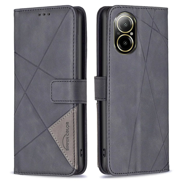 BINFEN COLOR For Realme C67 4G Phone Cases Wallet Stand Geometry Imprint Leather Cover - Black - 1