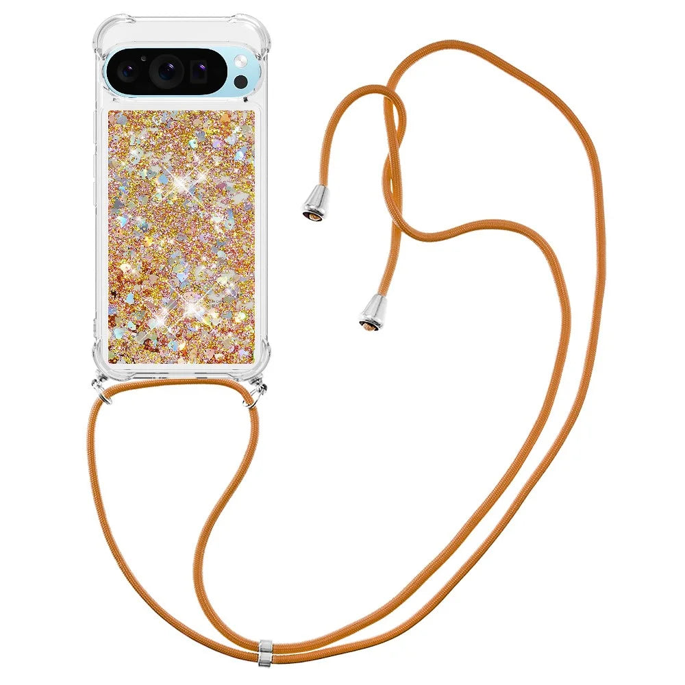 For Google Pixel 9 Pro XL TPU Case Quicksand Design Phone Cover with Lanyard - Gold / Hearts - 1