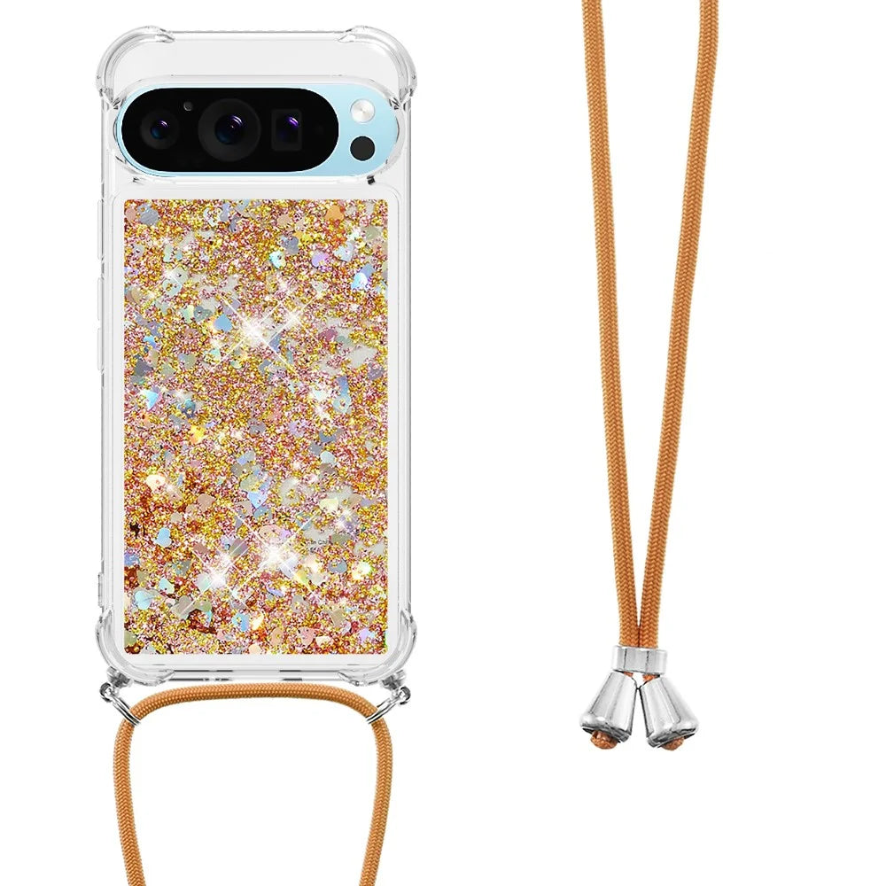 For Google Pixel 9 Pro XL TPU Case Quicksand Design Phone Cover with Lanyard - Gold / Hearts - 2