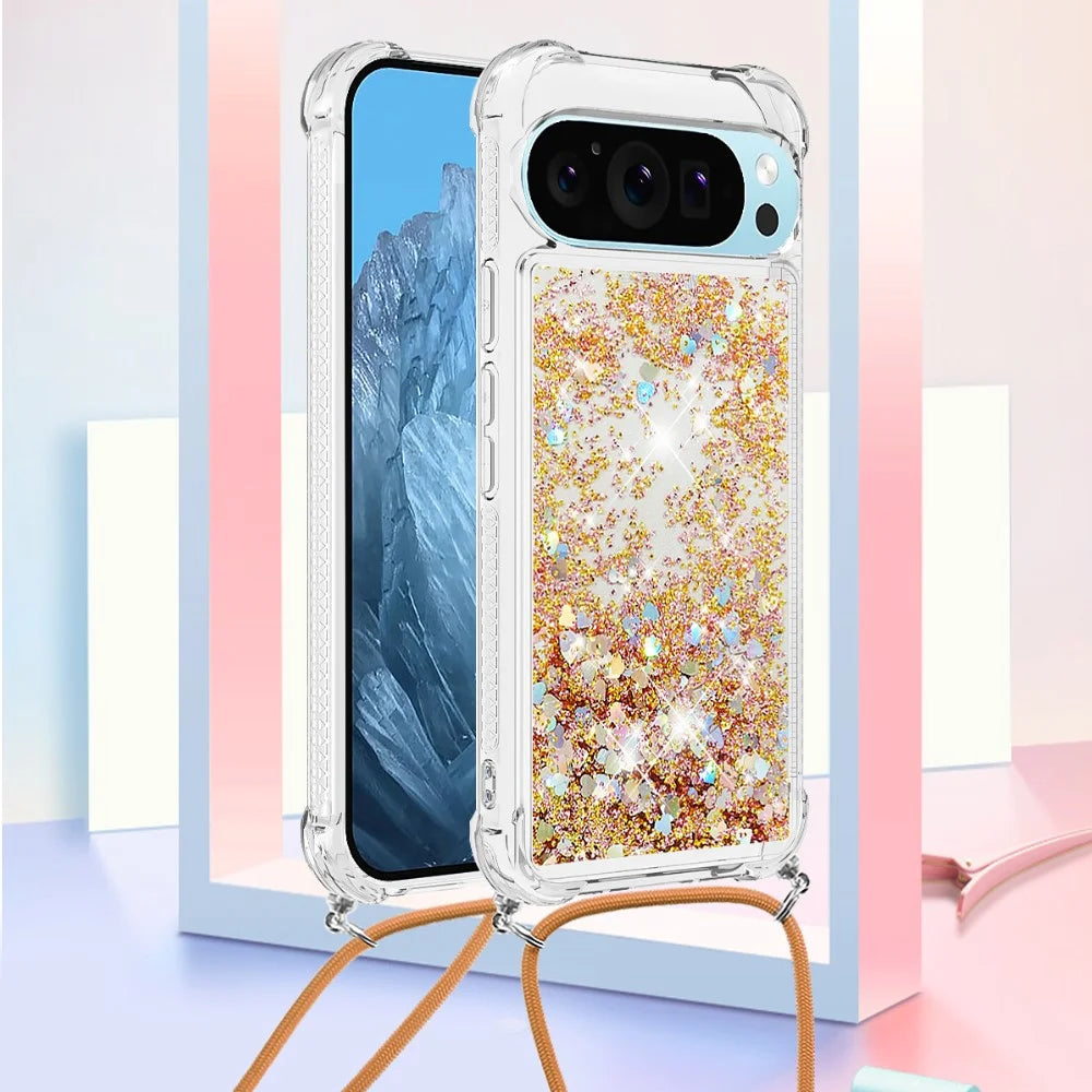 For Google Pixel 9 Pro XL TPU Case Quicksand Design Phone Cover with Lanyard - Gold / Hearts - 3