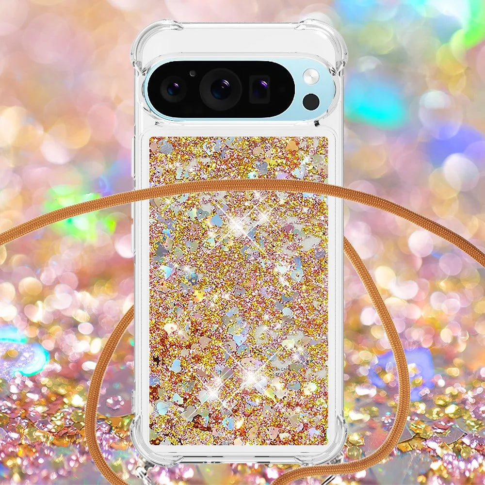 For Google Pixel 9 Pro XL TPU Case Quicksand Design Phone Cover with Lanyard - Gold / Hearts - 4