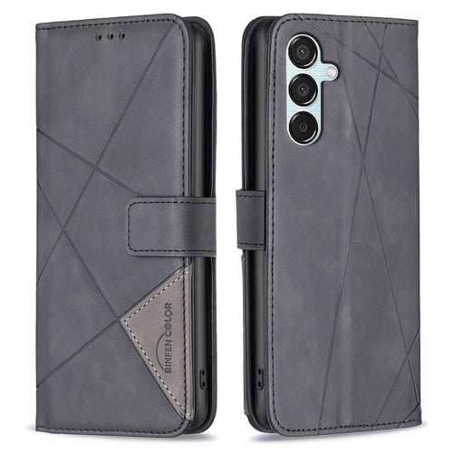 BINFEN COLOR For Samsung Galaxy M15 5G Phone Cases Wallet Stand Geometry Imprint Leather Cover - Black - 1