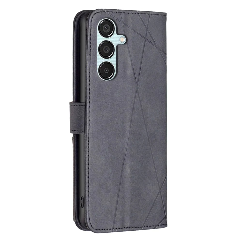 BINFEN COLOR For Samsung Galaxy M15 5G Phone Cases Wallet Stand Geometry Imprint Leather Cover - Black - 5