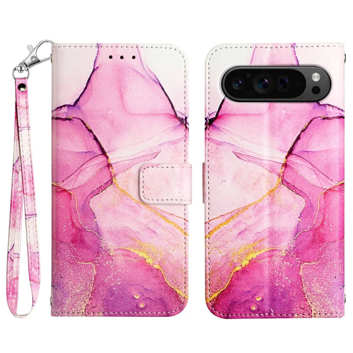 For Google Pixel 9 Pro XL Case with Strap Marble Pattern Leather Phone Cover Card Holder - Pink+Purple+Gold LS001 - 1
