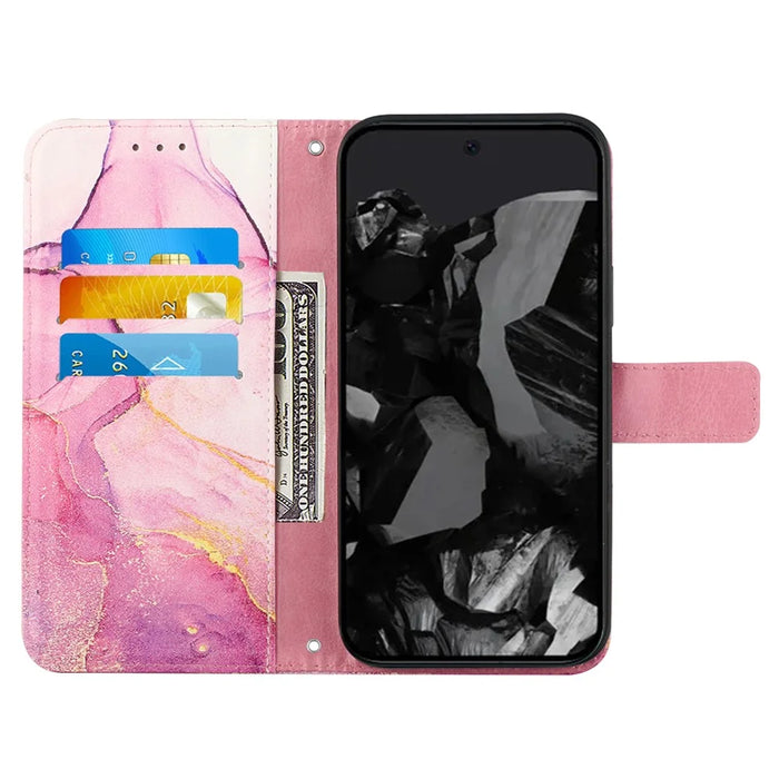 For Google Pixel 9 Pro XL Case with Strap Marble Pattern Leather Phone Cover Card Holder - Pink+Purple+Gold LS001 - 2
