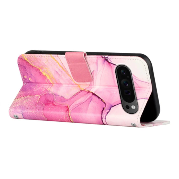 For Google Pixel 9 Pro XL Case with Strap Marble Pattern Leather Phone Cover Card Holder - Pink+Purple+Gold LS001 - 3
