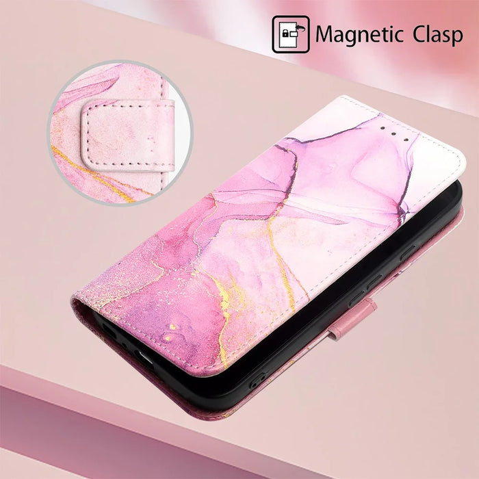 For Google Pixel 9 Pro XL Case with Strap Marble Pattern Leather Phone Cover Card Holder - Pink+Purple+Gold LS001 - 5
