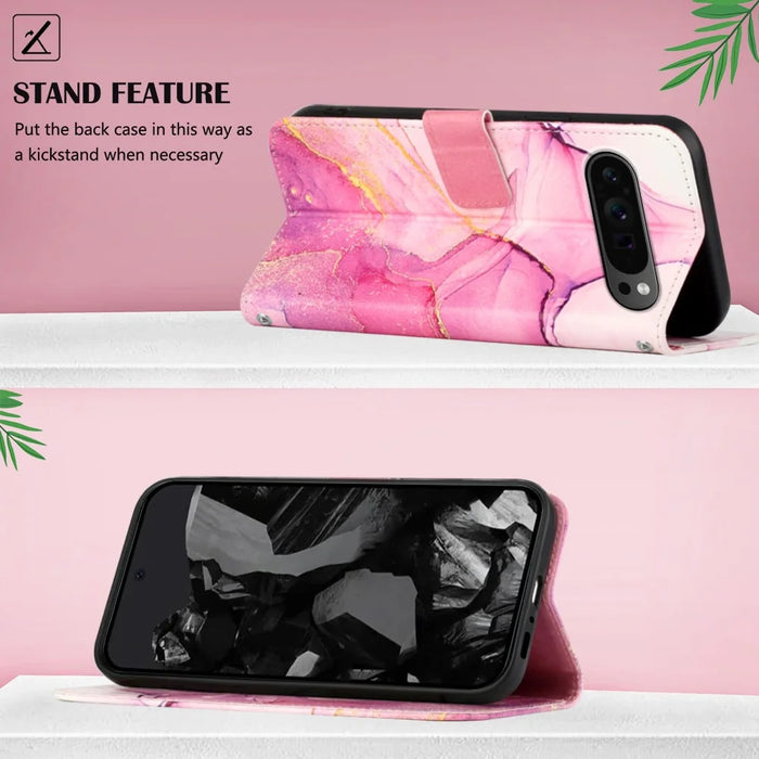 For Google Pixel 9 Pro XL Case with Strap Marble Pattern Leather Phone Cover Card Holder - Pink+Purple+Gold LS001 - 6