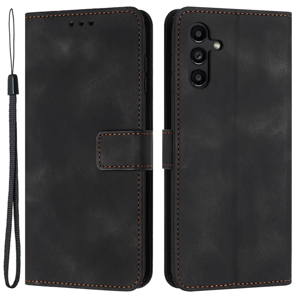 For Samsung Galaxy A34 5G Leather Case Solid Color Stand Wallet Cellphone Shell - Black - 1
