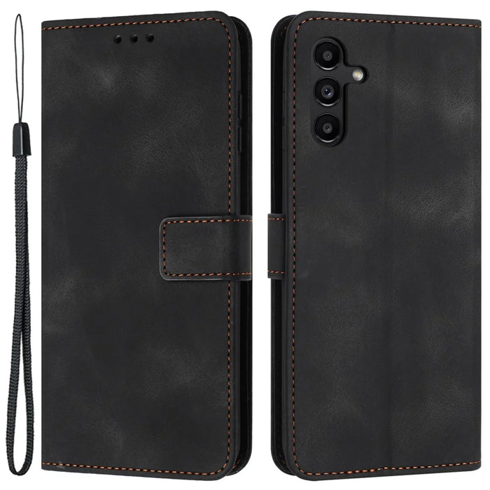 For Samsung Galaxy A34 5G Leather Case Solid Color Stand Wallet Cellphone Shell - Black - 1
